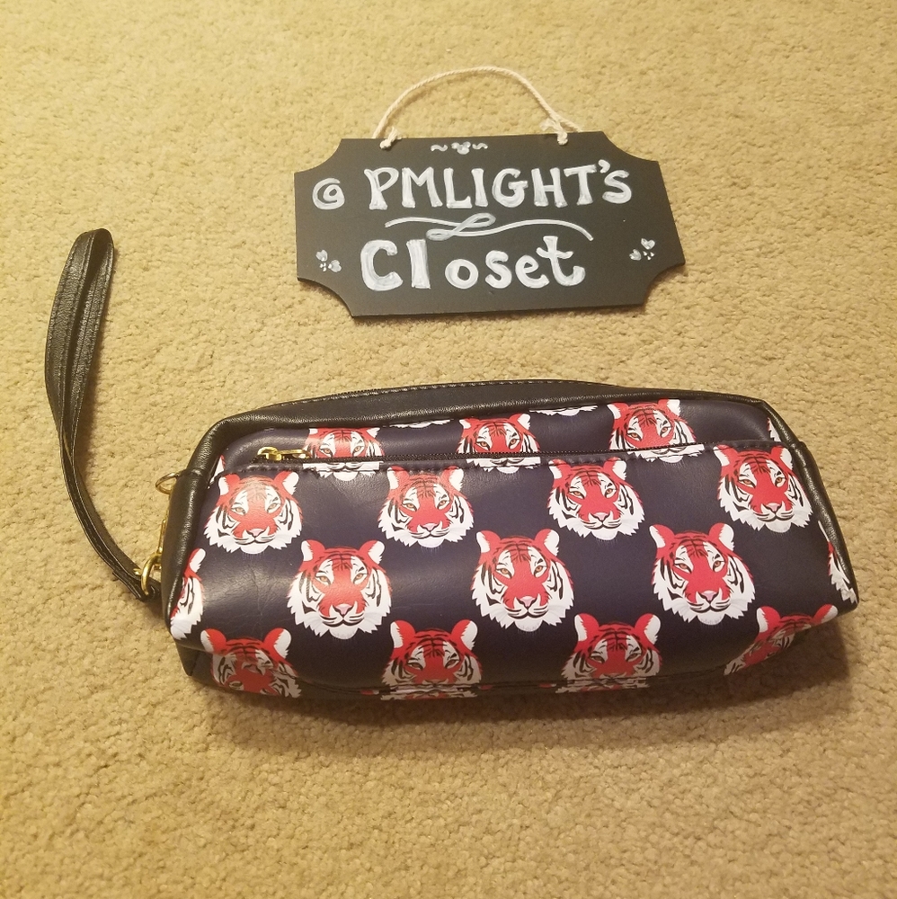 New Wristlet Tiger with zipper pocket Pencil Pouch Navy Orange White Auburn